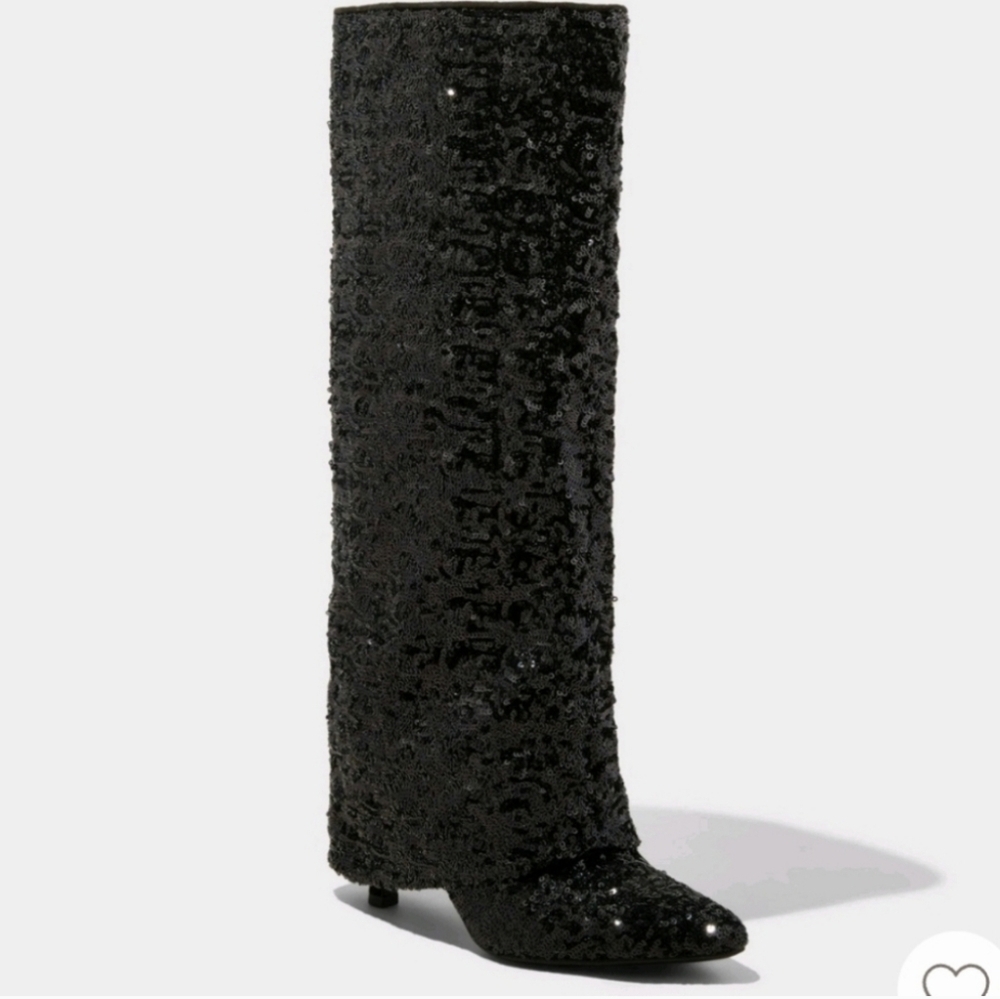 Women's Abba Sequin Foldover Tall Boots - A New Day Black 7